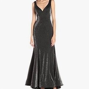 Xscape Womens Black Silver Lurex Metallic V-Neck Mermaid Evening Gown Dress 6